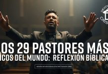 Un hombre con la cara censurada levanta las manos en un ambiente que parece ser una iglesia, con texto que habla sobre los pastores más ricos del mundo