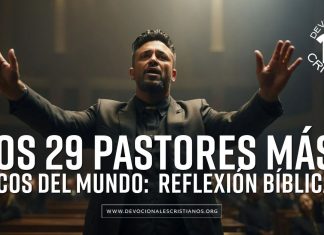 Un hombre con la cara censurada levanta las manos en un ambiente que parece ser una iglesia, con texto que habla sobre los pastores más ricos del mundo